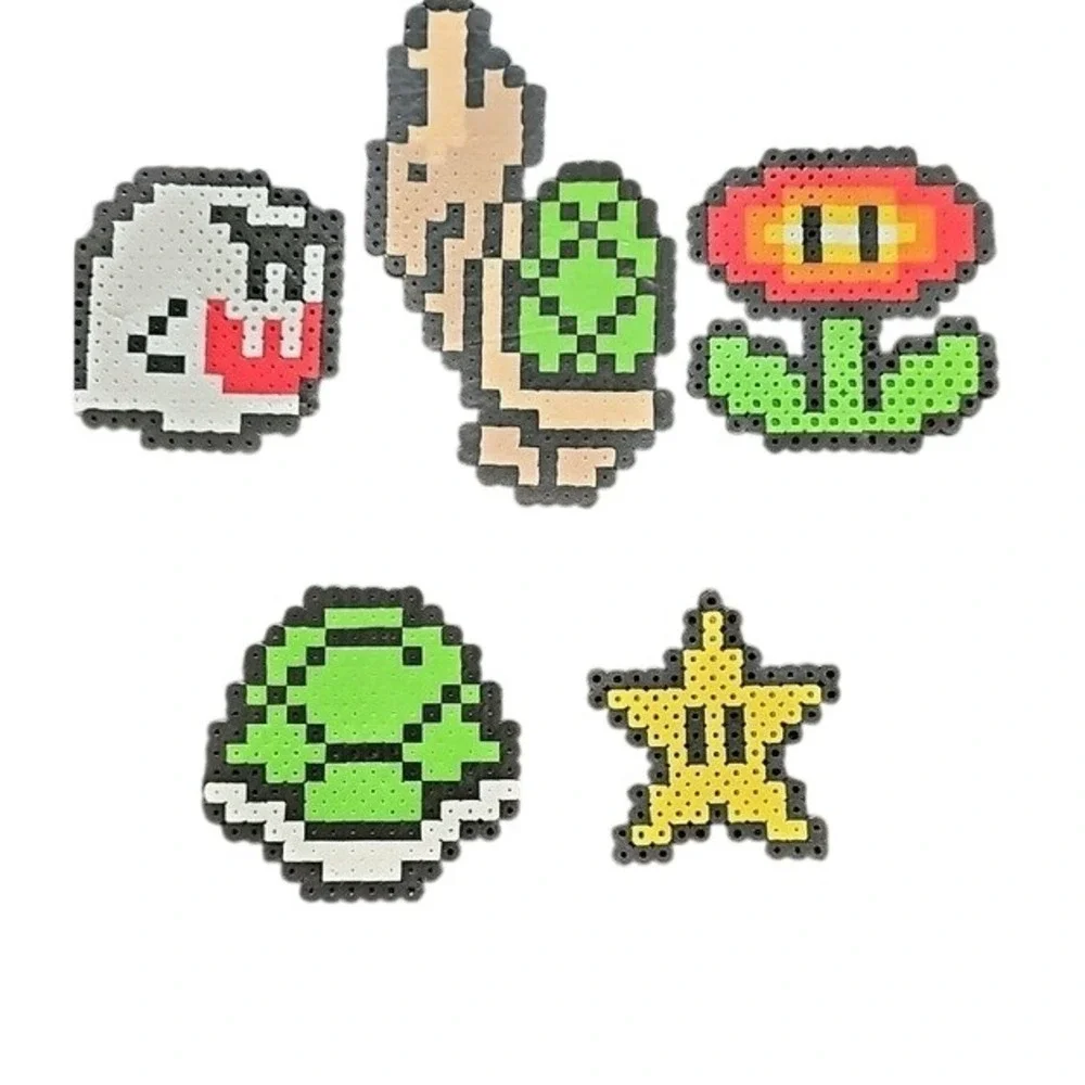Super Mario Perler Bead Pixel Art Set 5 Boo Fire Flower Star Koopa Shell Lakitu